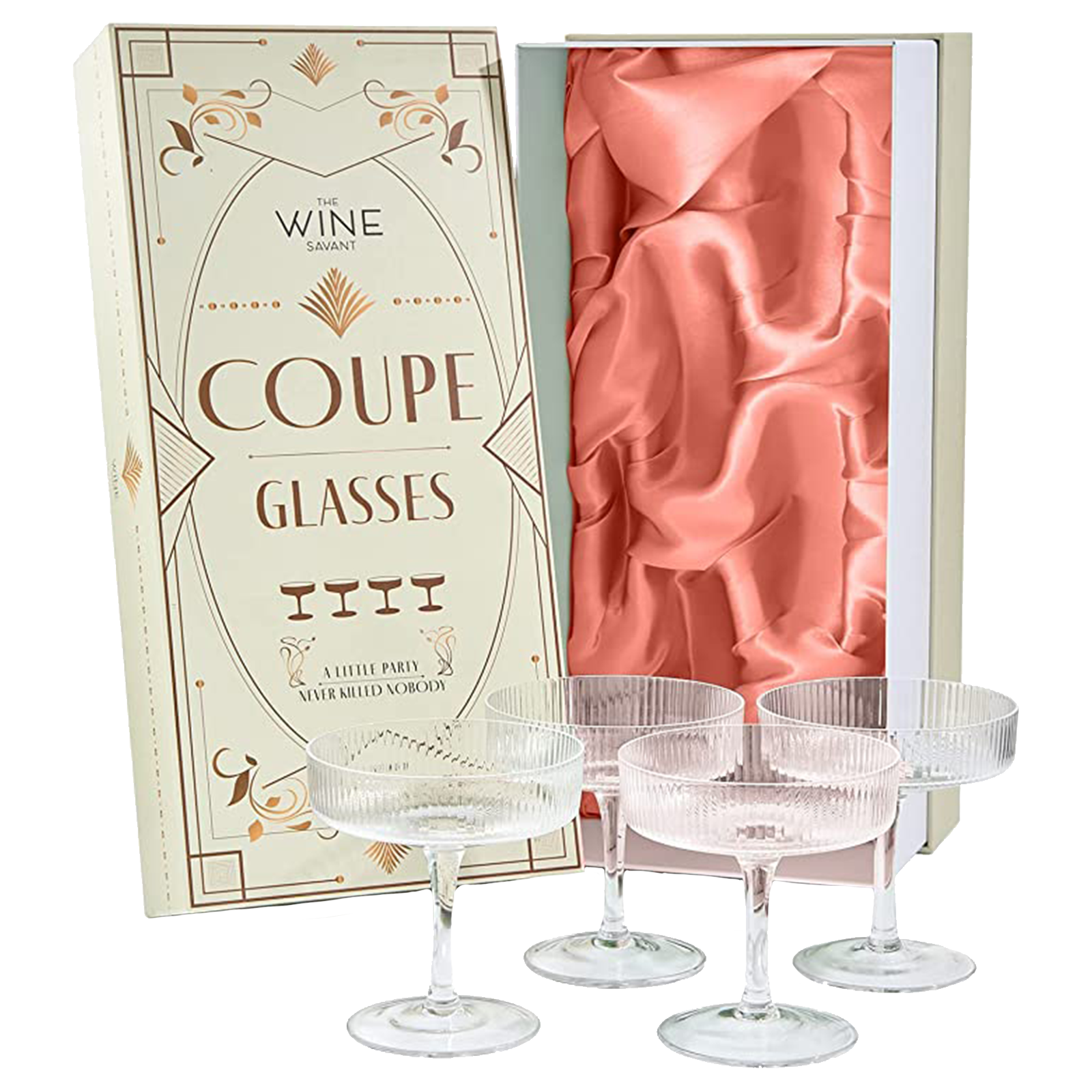 Ribbed Coupe Cocktail Glasses 8 oz | Set of 4 | Classic Manhattan Glasses For Cocktails, Champagne Coupe, Ripple Coupe Glasses, Art Deco Gatsby Vintage, Crystal with Stems (Clear)-0