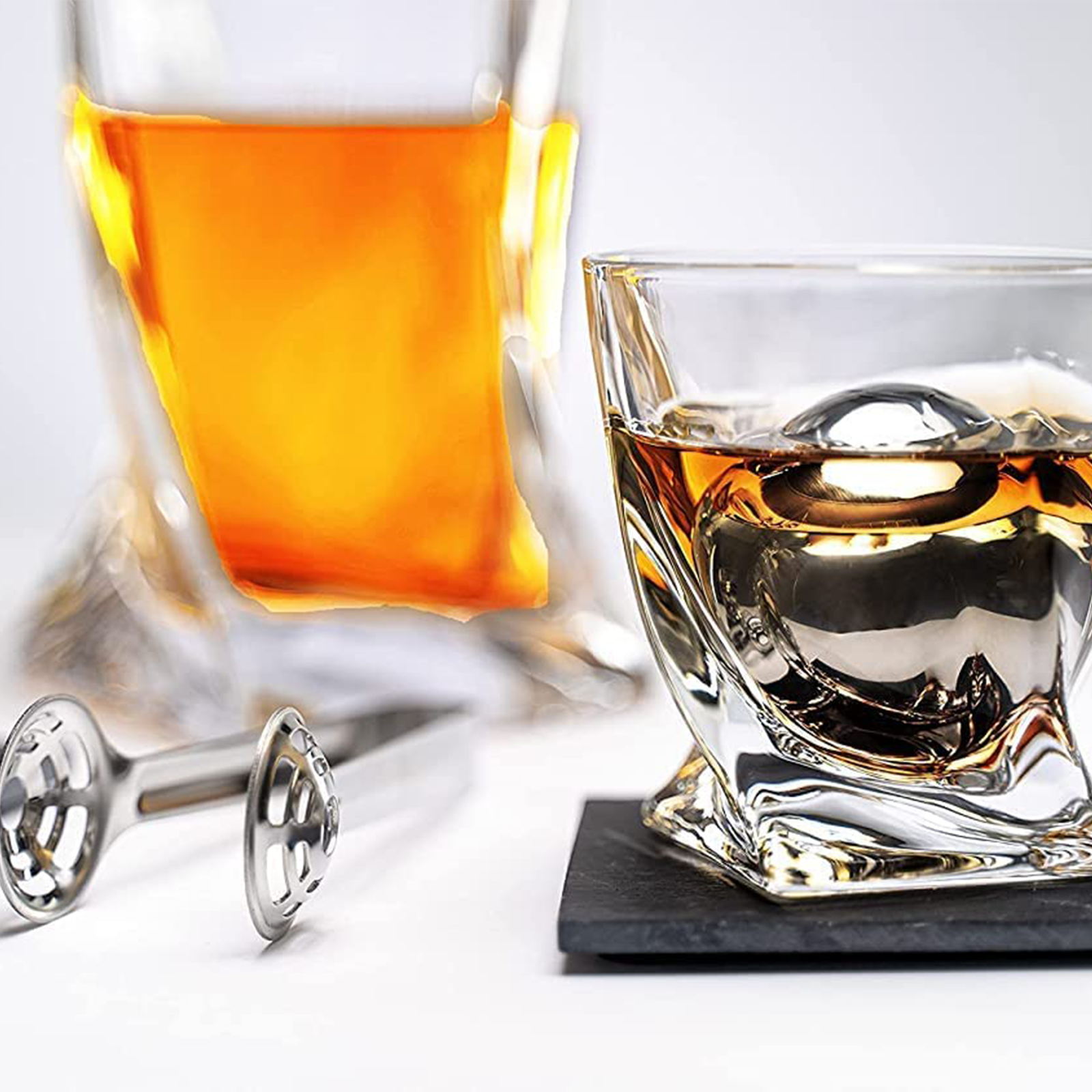 Luxurious Whiskey Stones & Glasses Gift Set - 2 XL Chilling Stainless Steel Whiskey Balls - 2x Crystal Whiskey Glasses, 2x Slate Stone Coasters, Freezer Pouch & Tongs - Set in Premium Pine Wood Box-1