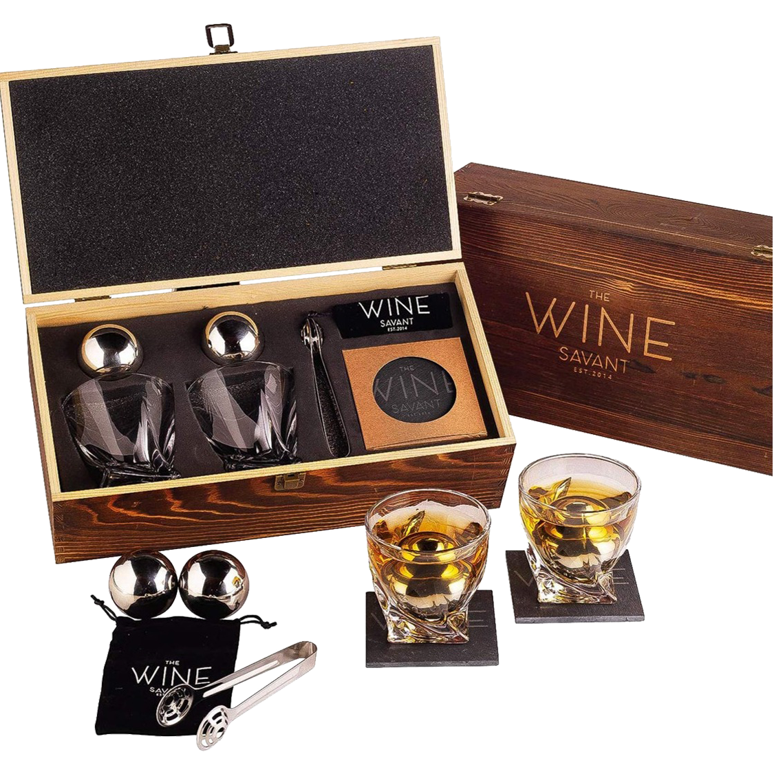 Luxurious Whiskey Stones & Glasses Gift Set - 2 XL Chilling Stainless Steel Whiskey Balls - 2x Crystal Whiskey Glasses, 2x Slate Stone Coasters, Freezer Pouch & Tongs - Set in Premium Pine Wood Box-0