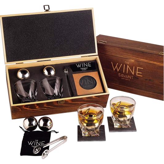 Luxurious Whiskey Stones & Glasses Gift Set - 2 XL Chilling Stainless Steel Whiskey Balls - 2x Crystal Whiskey Glasses, 2x Slate Stone Coasters, Freezer Pouch & Tongs - Set in Premium Pine Wood Box-0