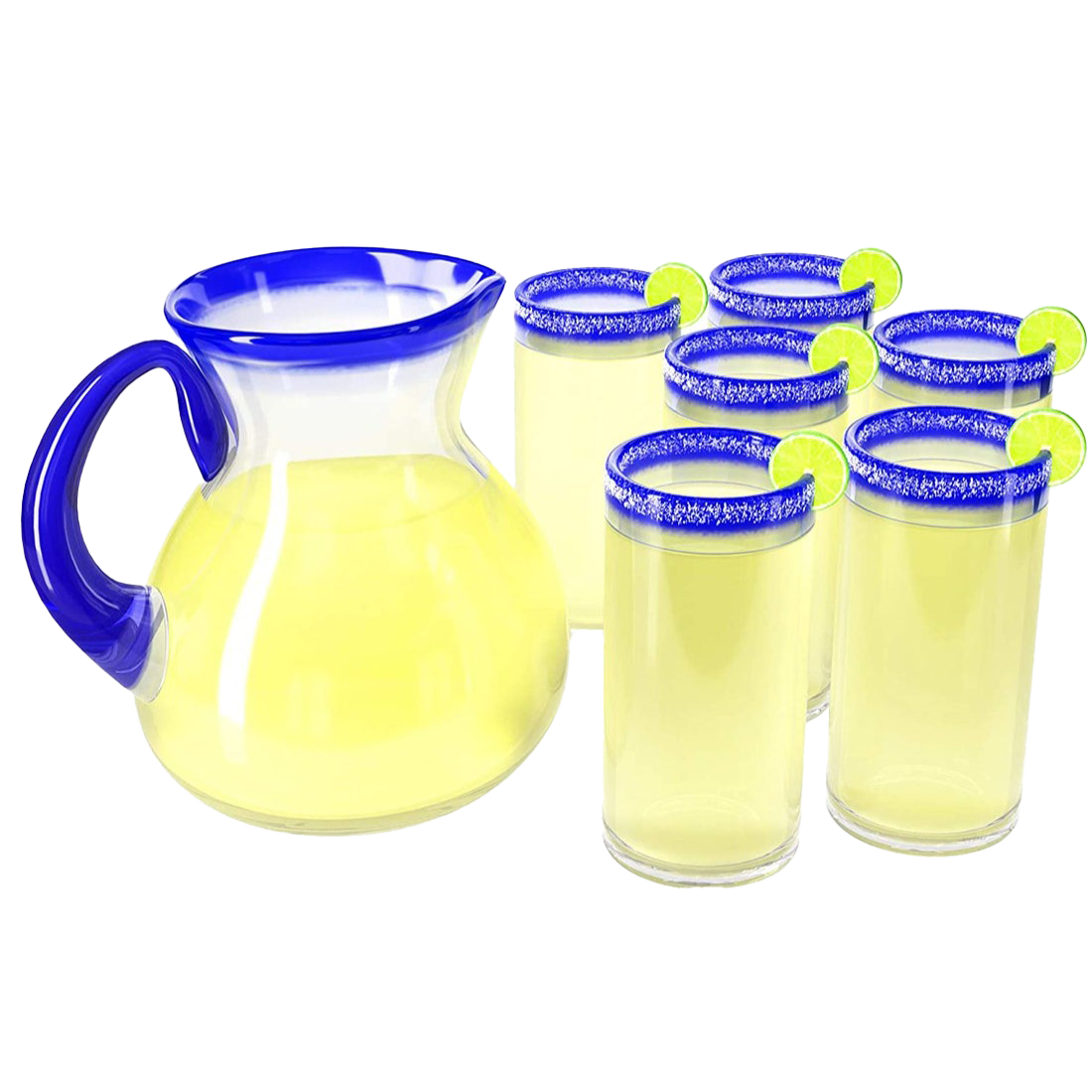 Hand Blown Blue Mexican Drinking Glasses and Pitcher – Set of 6 with Mexican Blue Rim Design (14 oz each) and Pitcher (84 Ounces) Mexico Cobalt Blue Carafe Designs Margarita and Lemonade-0