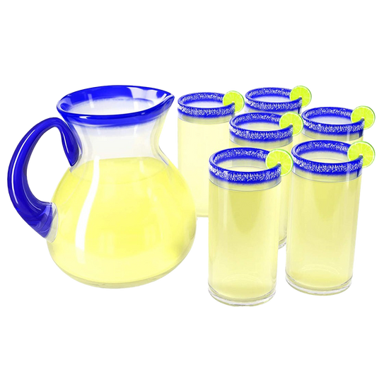 Hand Blown Blue Mexican Drinking Glasses and Pitcher – Set of 6 with Mexican Blue Rim Design (14 oz each) and Pitcher (84 Ounces) Mexico Cobalt Blue Carafe Designs Margarita and Lemonade-0