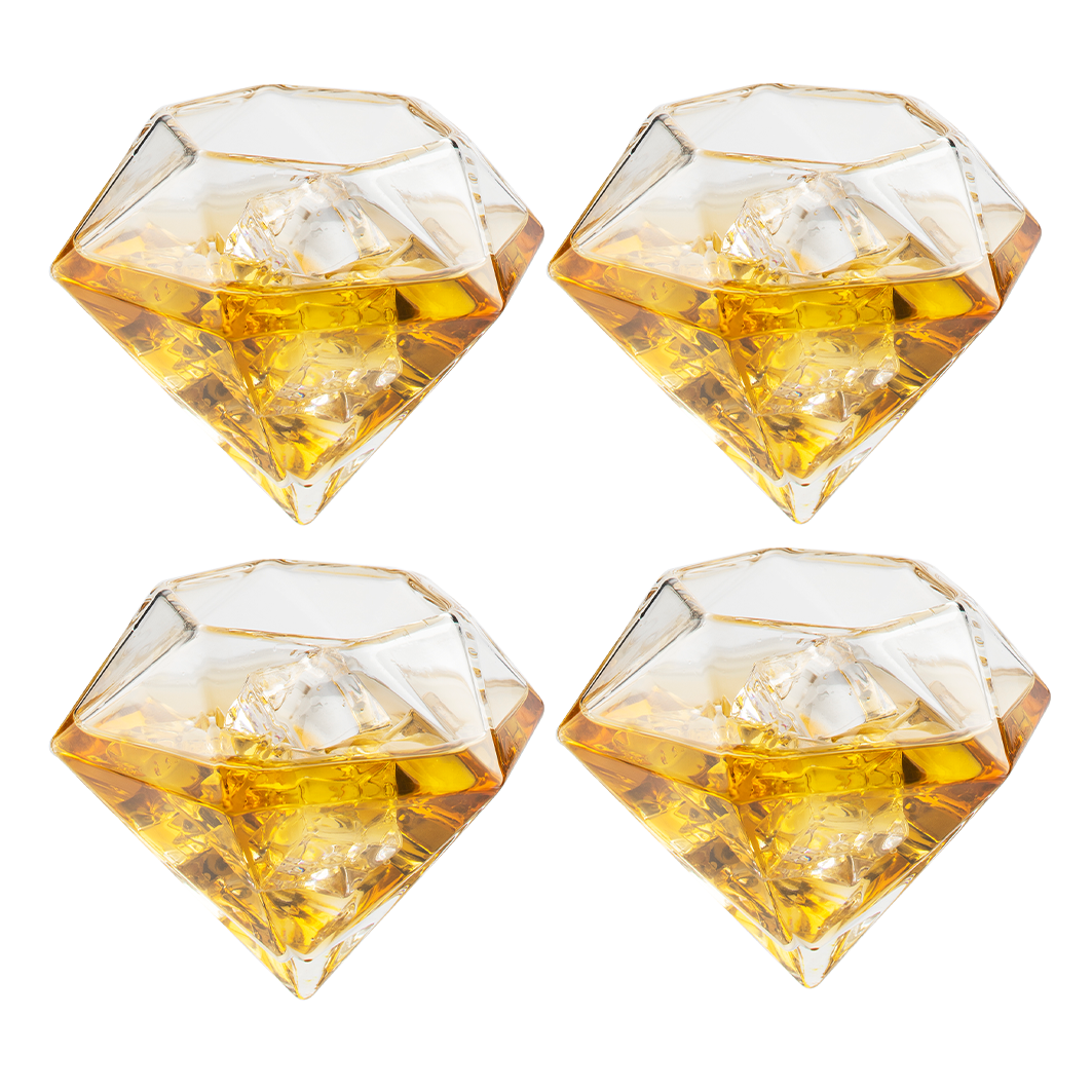 Set of 4 Diamond Whiskey & Wine Glasses 10oz - Wine, Whiskey, Water, Diamond Shaped, Diamonds Collection Sparkle Patented Wine Savant - Stands Alone, Or on Stand-0