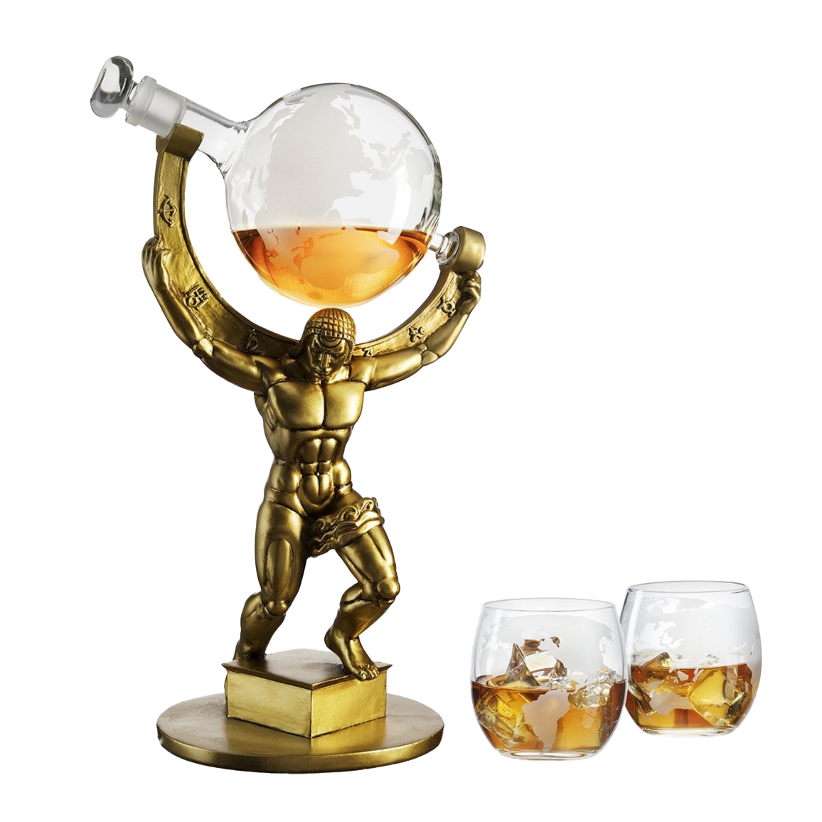 Atlas Bronze World Globe Whiskey Decanter Set - 15" Tall - With 2 World Glasses - For Whiskey, Scotch, Bourbon, Cognac and Brandy - 1000ml - By The Wine Savant - Atlas Decanter Whiskey-0