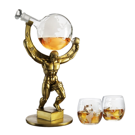 Atlas Bronze World Globe Whiskey Decanter Set - 15" Tall - With 2 World Glasses - For Whiskey, Scotch, Bourbon, Cognac and Brandy - 1000ml - By The Wine Savant - Atlas Decanter Whiskey-0