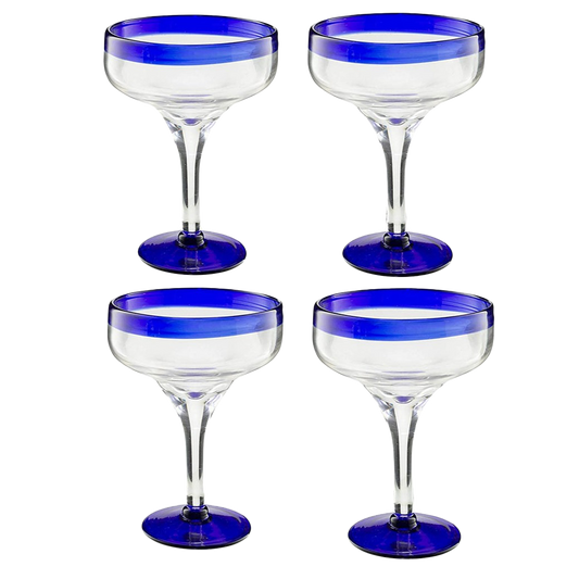 Mexican Hand Blown Glass – Set of 4 Large 16oz, Cobalt Blue Rim Line, Luxury Margarita & Cocktail Glasses, Mexico Design Large 16oz Cobalt Cinco de Mayo - The Wine Savant, Dishwasher Safe Glassware-0