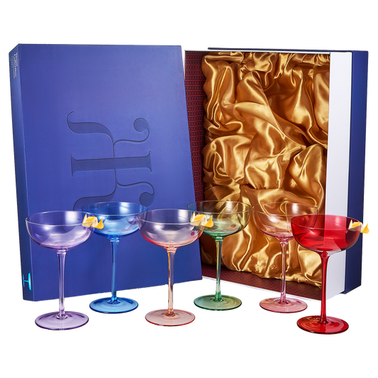 Colored Coupe Glasses | Set of 6 | 7 oz Classic Cocktail Glassware for Champagne, Martini, Manhattan, Cosmopolitan, Crystal Speakeasy Style Goblets Stems, Elegantly Color (Classic Multicolor)-0