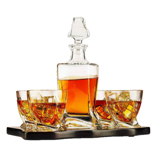 The Wine Savant Italian Crafted Crystal 5 Piece European Style Wine & Whiskey Decanter 855ml with 4 Glasses & Wood Sophisticated Tray Set Spirits, Scotch, & Bourbon Whiskey Decanter Sets for Men-0