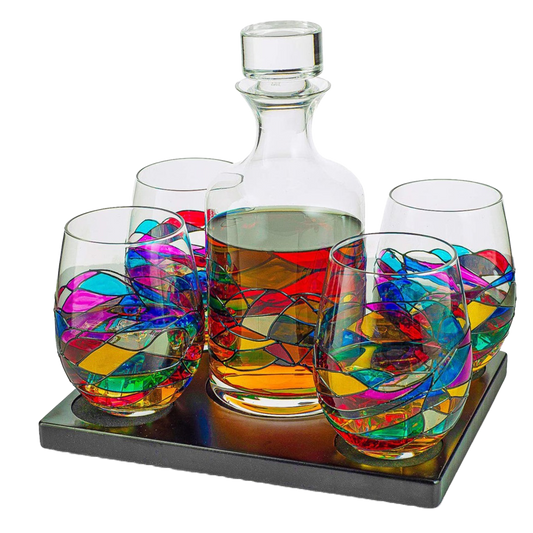 Artisanal Hand Painted Glassware Gift for Mom, Wife, Friend - Artisanal Barcelona Hand Painted Whiskey & Wine Decanter Set, Rennesance Romantic Stain-glassed Windows Glasses - Mothers Day-0