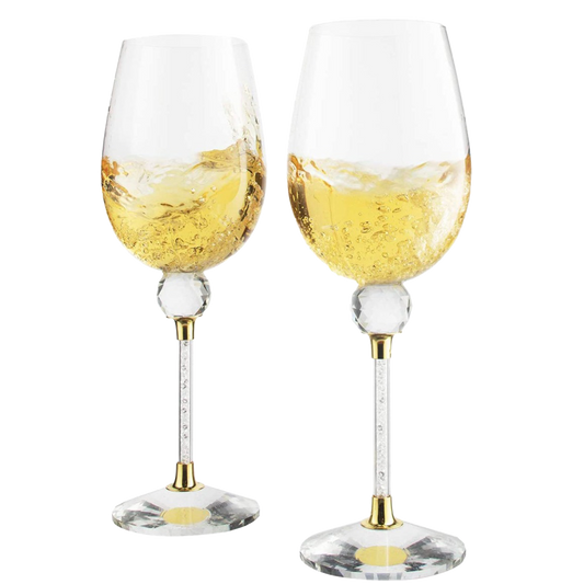 The Wine Savant Rhinestone DIAMOND Studded Wine Glasses 16 Ounces Set of 2 10-inches Tall, Gold and Laser Cut Sparkling Wine Wedding Glasses, Elegant Crystal - For Everyday, Weddings, Parties-0