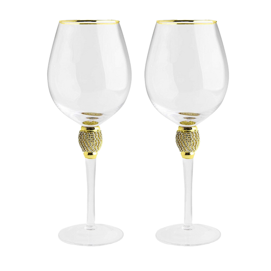 The Wine Savant Large Diamond Wine Glasses, Gold Rim Rhinestone Diamond Glasses - Wedding Glasses - 15 Ounce, Premium Designed Wine Glasses for Spirits and Wine, Gift Boxed (2, Clear)-0