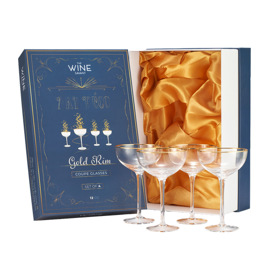 Vintage Crystal Champagne Coupe Gold Rim Glasses | Set of 4 | 7 oz, Gilded Rim Classic Cocktail Glassware - Martini, Manhattan, Cosmopolitan, Sidecar, Daiquiri | 1920s Style Saucer Goblets | Gift Box-0