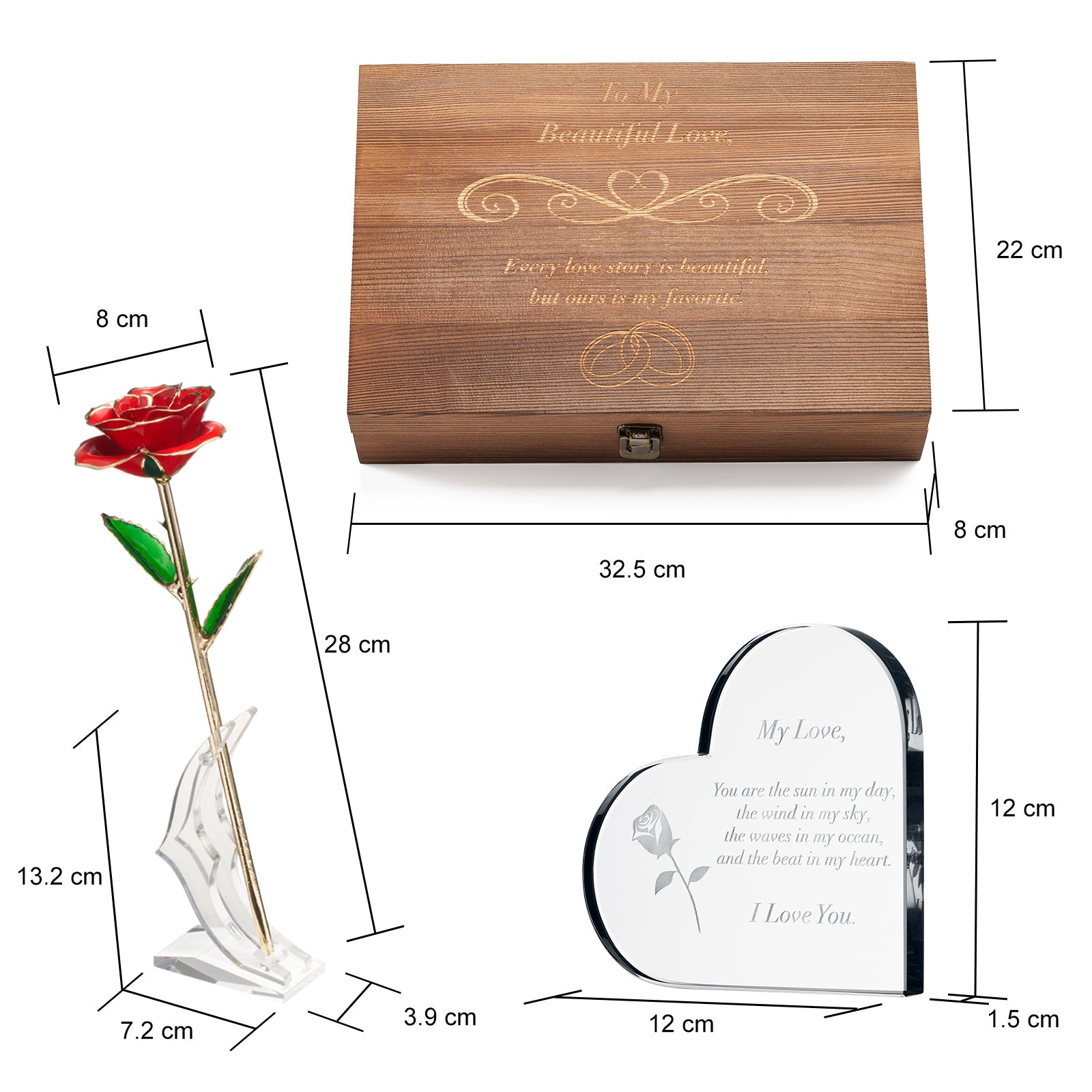 Anniversary, Birthday & Everyday 24K Gold Rose Love Box for Wife, Her, Women - Engraved Wooden Set 'To My Beautiful Love' Inscription, Includes Crystal Heart - For Birthday 1st Anniversaries-5