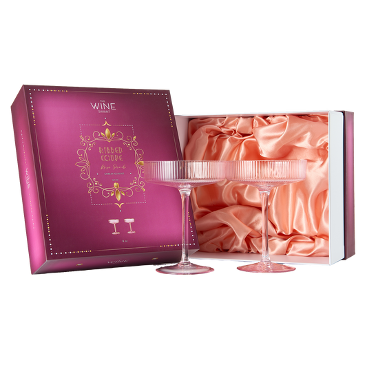 The Wine Savant Ribbed Coupe Cocktail Glasses 8 oz | Set of 2 | Classic Manhattan Glasses For Cocktails, Champagne Coupe, Ripple Coupe Glasses, Art Deco Gatsby Vintage, Crystal with Stems (Rose Pink)-0