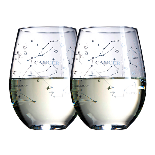 Set of 2 Zodiac Sign Wine Glasses with 2 Wooden Coasters by The Wine Savant - Astrology Drinking Glass Set with Etched Constellation Tumblers for Juice, Water Home Bar Horoscope Gifts 18oz (Cancer)-0
