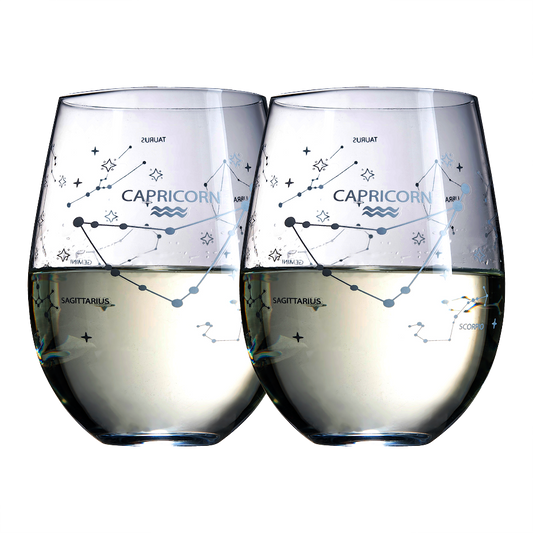 Set of 2 Zodiac Sign Wine Glasses with 2 Wooden Coasters by The Wine Savant - Astrology Drinking Glass Set with Etched Constellation Tumblers for Juice, Water Home Bar Horoscope Gifts 18oz (Capricorn)-0