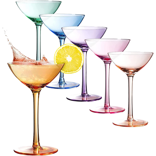 Colored Coupe Glasses Set of 6 | 12 oz Classic Cocktail Glassware for Champagne, Martini, Manhattan, Cosmopolitan, Sidecar, Crystal Speakeasy Style Goblets Stems, Elegantly Vintage Color-0