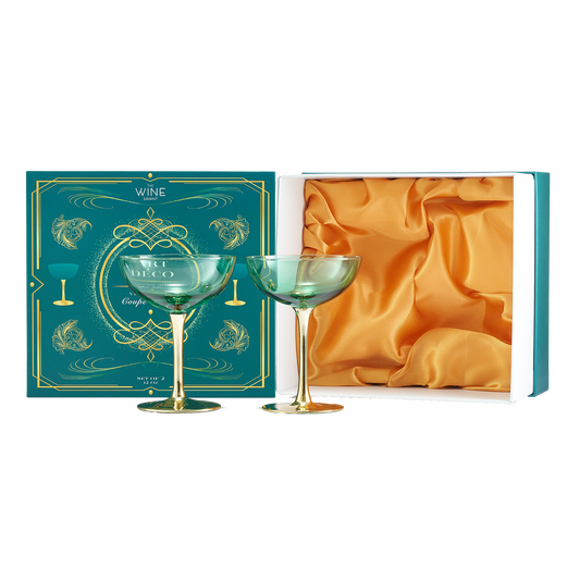 Colored Coupe Art Deco Glasses, Gold | Set of 2 | 12 oz Classic Cocktail Glassware for Champagne, Martini, Manhattan, Sidecar, Crystal Speakeasy Style Goblets Stems, Vintage Blue, Teal, Green-0