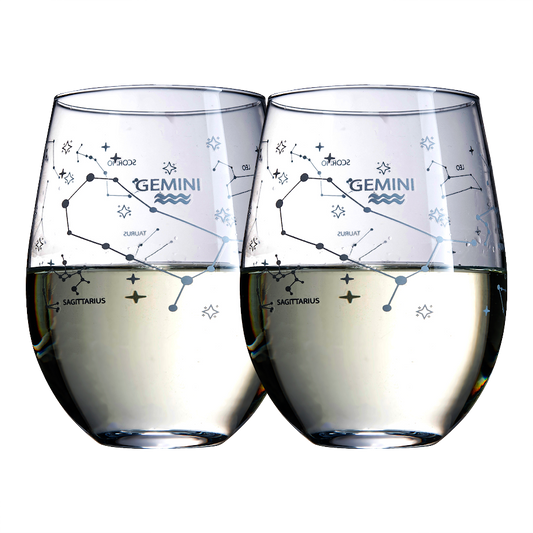 Set of 2 Zodiac Sign Wine Glasses with 2 Wooden Coasters by The Wine Savant - Astrology Drinking Glass Set with Etched Constellation Tumblers for Juice, Water Home Bar Horoscope Gifts 18oz (Gemini)-0