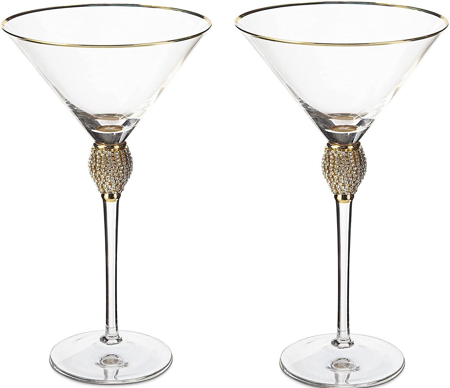 Diamond Collection 2 Piece Stemmed Martini Set - Rhinestone For Drinking Martinis, Manhattans, Vodka, Gin, Cocktails Gold Accent Cocktail Glasses, Perfect For Any Bar or Party 10oz - Swarovski Style-4