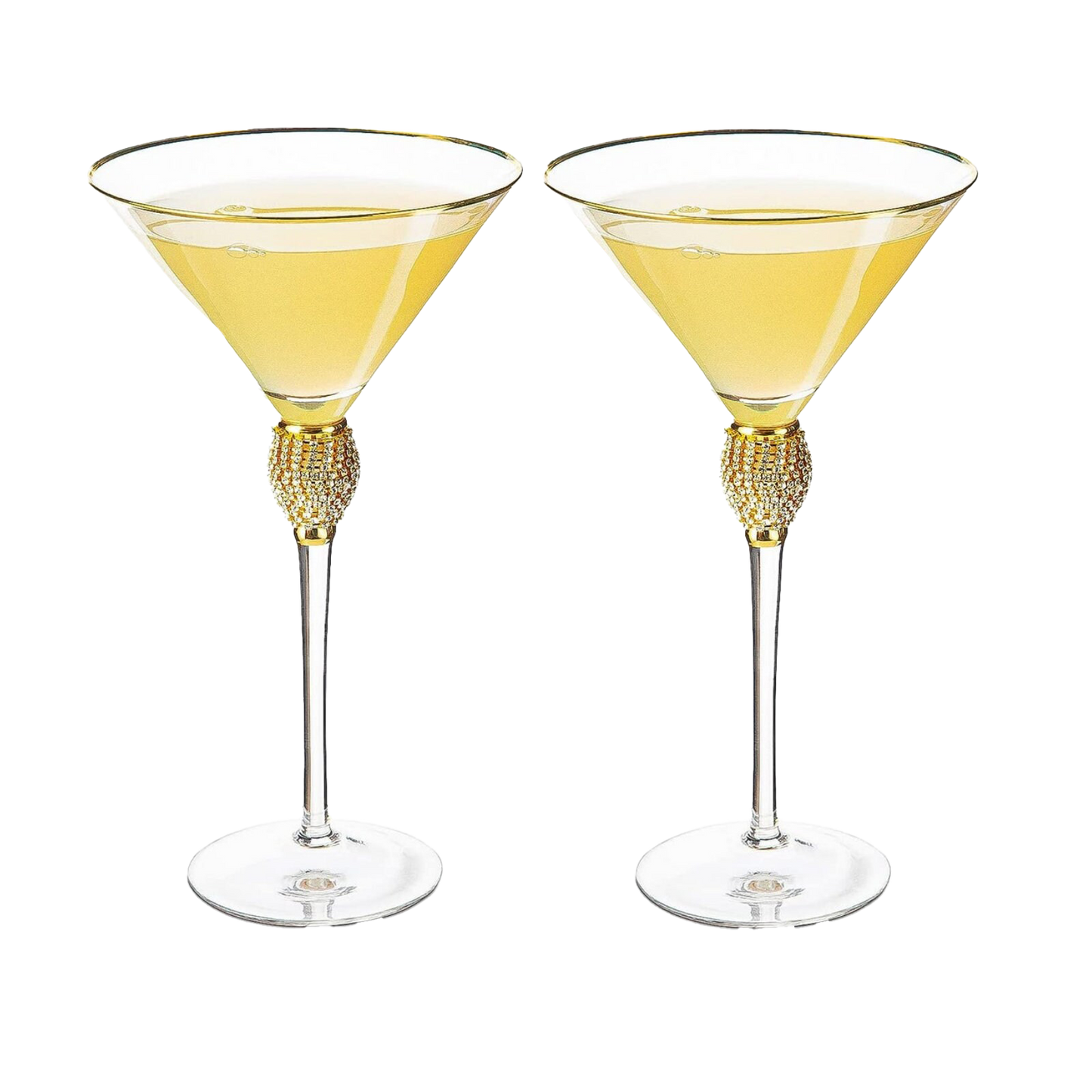 Diamond Collection 2 Piece Stemmed Martini Set - Rhinestone For Drinking Martinis, Manhattans, Vodka, Gin, Cocktails Gold Accent Cocktail Glasses, Perfect For Any Bar or Party 10oz - Swarovski Style-0