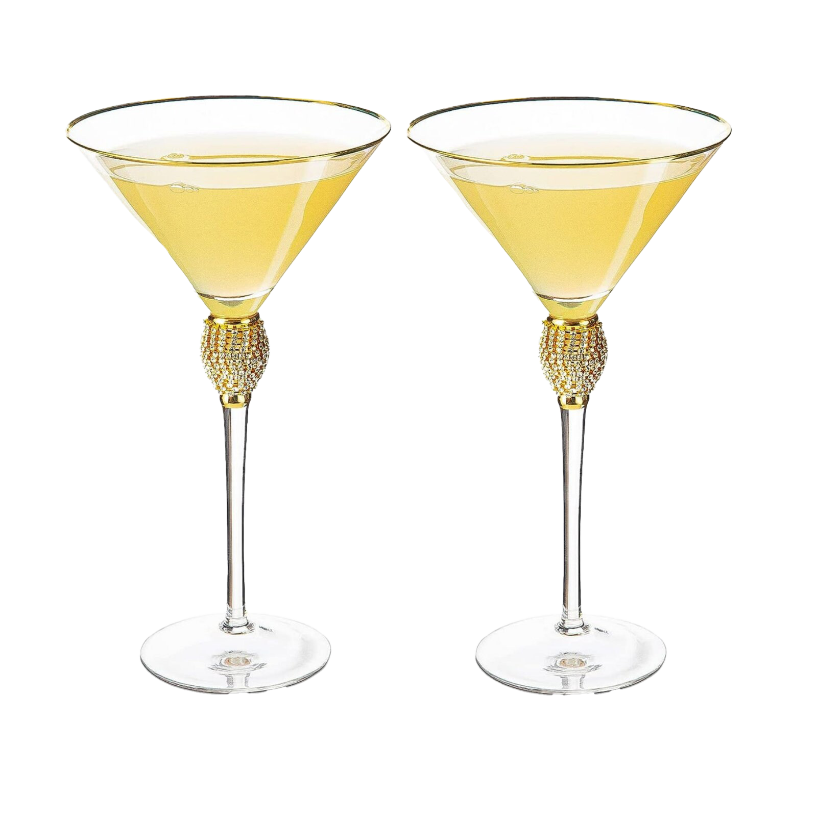 Diamond Collection 2 Piece Stemmed Martini Set - Rhinestone For Drinking Martinis, Manhattans, Vodka, Gin, Cocktails Gold Accent Cocktail Glasses, Perfect For Any Bar or Party 10oz - Swarovski Style-0