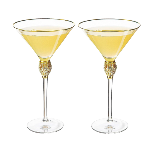 Diamond Collection 2 Piece Stemmed Martini Set - Rhinestone For Drinking Martinis, Manhattans, Vodka, Gin, Cocktails Gold Accent Cocktail Glasses, Perfect For Any Bar or Party 10oz - Swarovski Style-0