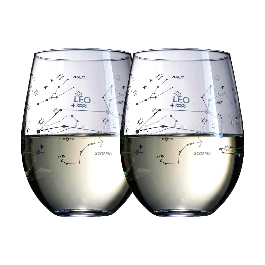 Set of 2 Zodiac Sign Wine Glasses with 2 Wooden Coasters by The Wine Savant - Astrology Drinking Glass Set with Etched Constellation Tumblers for Juice, Water Home Bar Horoscope Gifts 18oz (Leo)-0