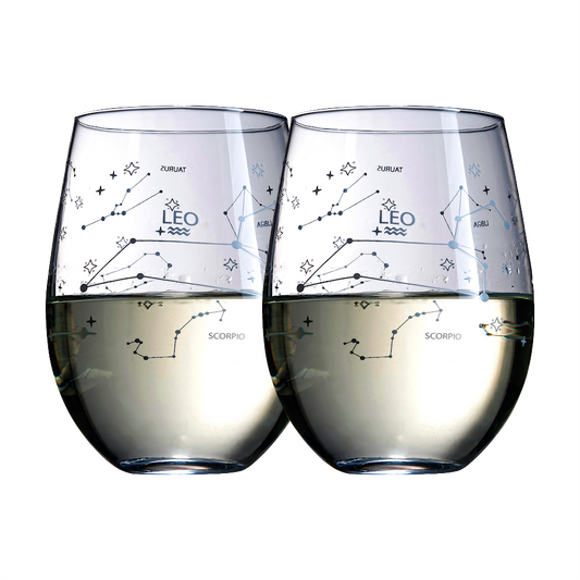 Set of 2 Zodiac Sign Wine Glasses with 2 Wooden Coasters by The Wine Savant - Astrology Drinking Glass Set with Etched Constellation Tumblers for Juice, Water Home Bar Horoscope Gifts 18oz (Leo)-0