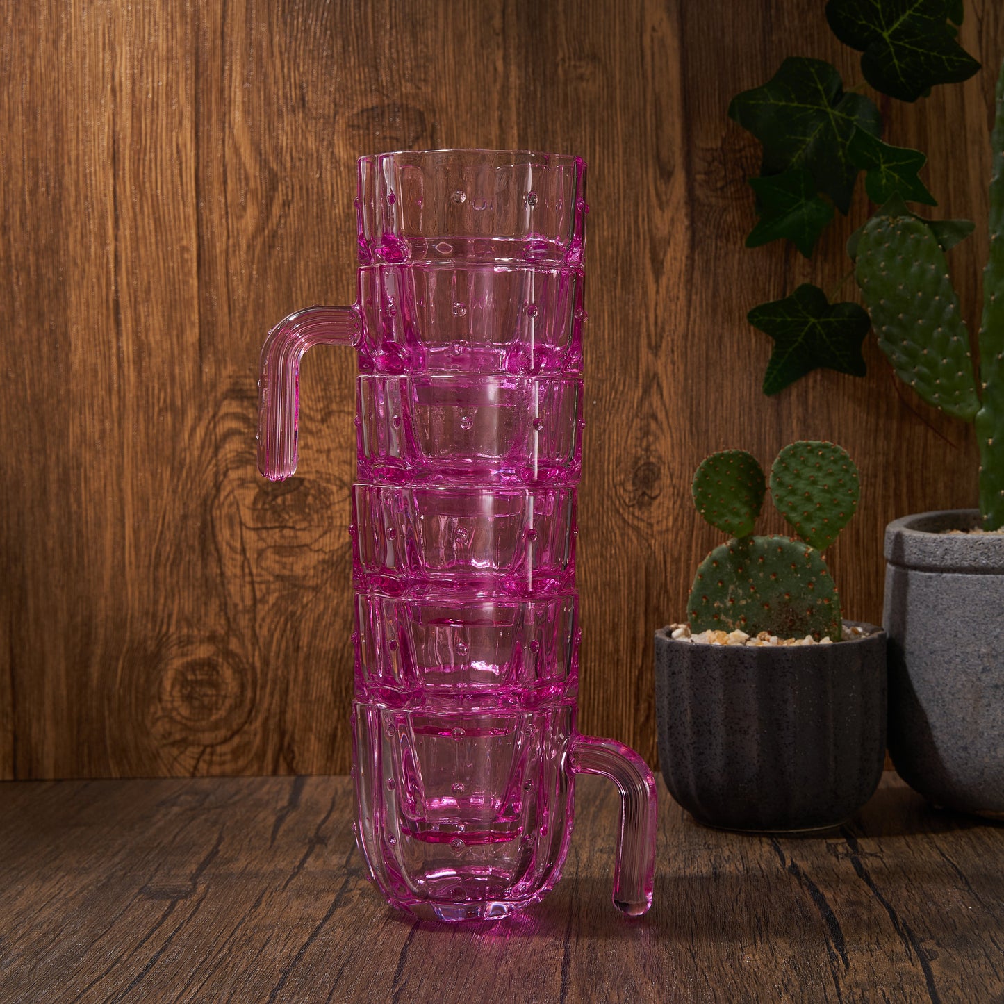 Cactus Stackable Glasses, Stacktus Gifts, Set of 6-10 oz Cactus Shape Glasses With Handles Pink Glass Blown Figurines Plant Decorations for Parties 3.5" H 5" W - Copyright Design, Patent Pending-2