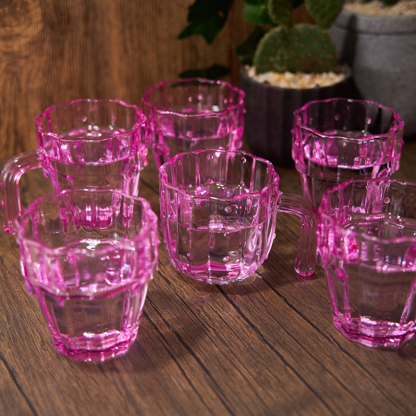 Cactus Stackable Glasses, Stacktus Gifts, Set of 6-10 oz Cactus Shape Glasses With Handles Pink Glass Blown Figurines Plant Decorations for Parties 3.5" H 5" W - Copyright Design, Patent Pending-1