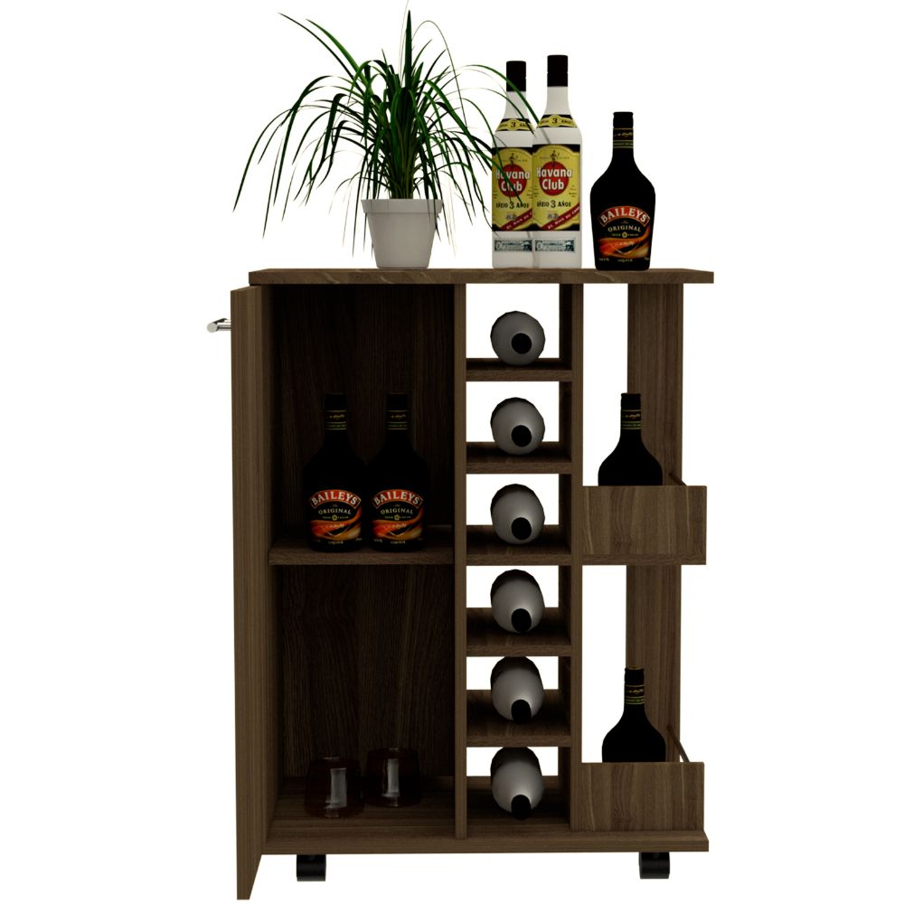Bar Cart Wells, Four Casters, Dark Walnut Finish-5