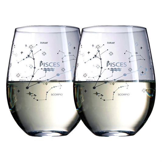 Set of 2 Zodiac Sign Wine Glasses with 2 Wooden Coasters by The Wine Savant - Astrology Drinking Glass Set with Etched Constellation Tumblers for Juice, Water Home Bar Horoscope Gifts 18oz (Pisces)-0