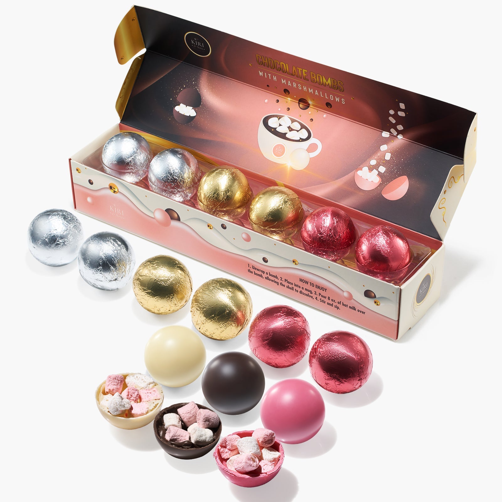 Hot Chocolate Bombs - Set of 6-3 Flavors of White, Fudge Brownie, Strawberry Chocolates - Delicious Cocoa Bombs Filled with Marshmallows - Classic Bomb Gift Set, Melting Marshmallow Delicious Gifts-0