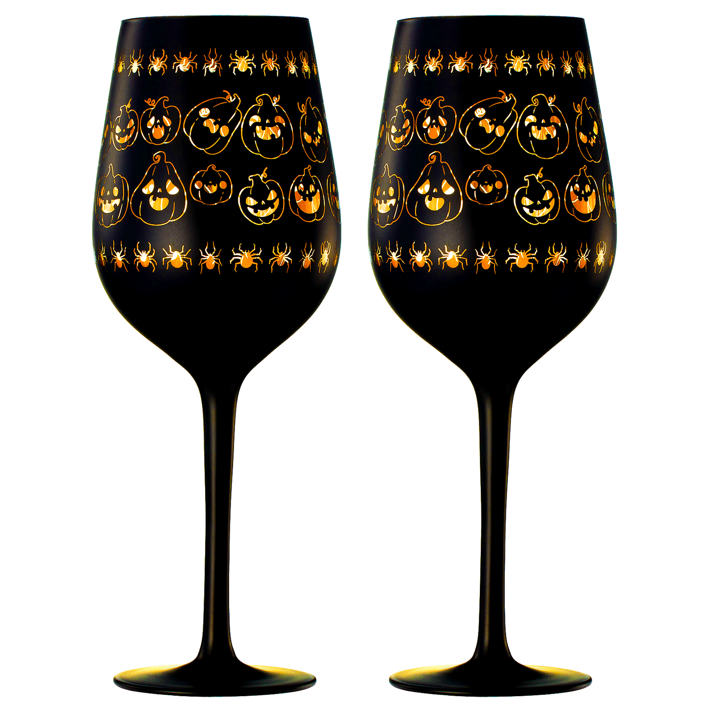 Crystal Halloween Stemmed Wine Glasses - Set of 2 - Pumpkin Themed Vibrant Black & Gold Spooky Ghost Pattern Frosted Glass, Perfect for Themed Gothic Parties Trick Or Treat Gifts for Him Her (16 OZ)-0