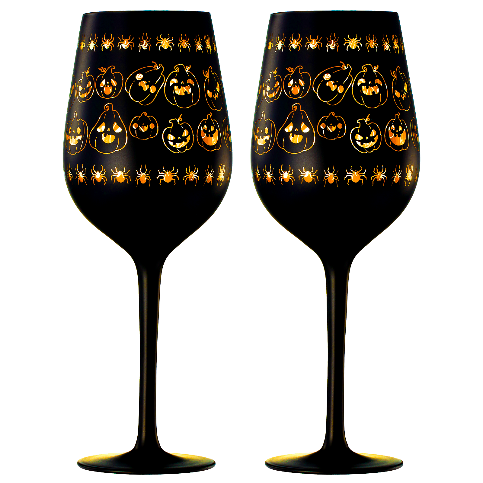 Crystal Halloween Stemmed Wine Glasses - Set of 2 - Pumpkin Themed Vibrant Black & Gold Spooky Ghost Pattern Frosted Glass, Perfect for Themed Gothic Parties Trick Or Treat Gifts for Him Her (16 OZ)-0