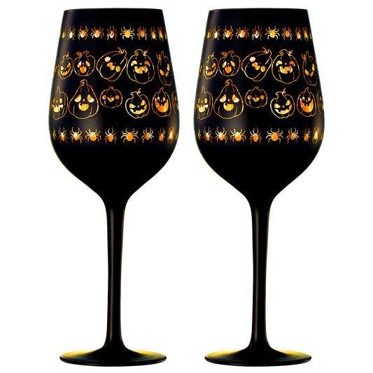 Crystal Halloween Stemmed Wine Glasses - Set of 2 - Pumpkin Themed Vibrant Black & Gold Spooky Ghost Pattern Frosted Glass, Perfect for Themed Gothic Parties Trick Or Treat Gifts for Him Her (16 OZ)-0