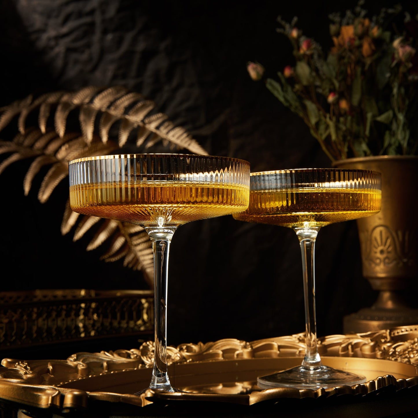Ribbed Coupe Cocktail Glasses With Gold Rim 8 oz | Set of 2 | Classic Manhattan Glasses For Cocktails, Champagne Coupe, Ripple Coupe Glasses, Art Deco Gatsby Vintage, Crystal with Stems-1