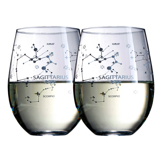 Set of 2 Zodiac Sign Wine Glasses with 2 Wooden Coasters by The Wine Savant - Astrology Drinking Glass Set with Etched Constellation Tumblers for Juice, Home Bar Horoscope Gifts 18oz (Sagittarius)-0