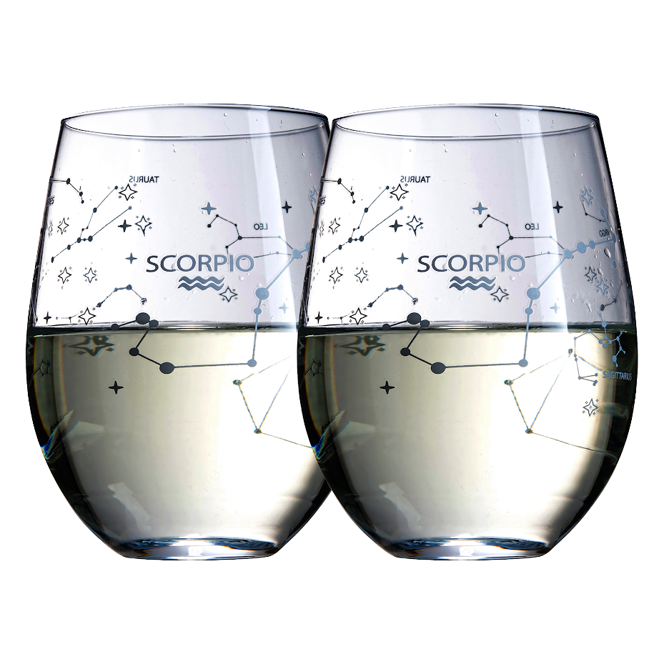 Set of 2 Zodiac Sign Wine Glasses with 2 Wooden Coasters by The Wine Savant - Astrology Drinking Glass Set with Etched Constellation Tumblers for Juice, Water Home Bar Horoscope Gifts 18oz (Scorpio)-0