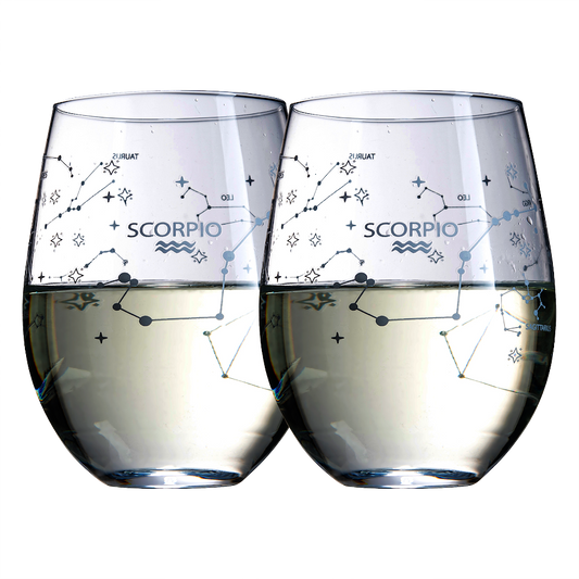 Set of 2 Zodiac Sign Wine Glasses with 2 Wooden Coasters by The Wine Savant - Astrology Drinking Glass Set with Etched Constellation Tumblers for Juice, Water Home Bar Horoscope Gifts 18oz (Scorpio)-0