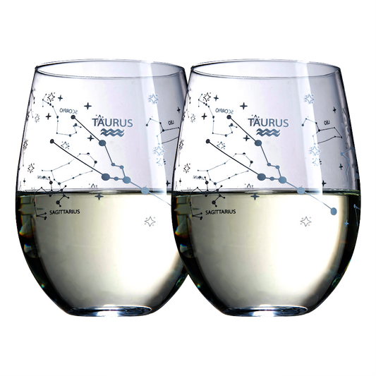 Set of 2 Zodiac Sign Wine Glasses with 2 Wooden Coasters by The Wine Savant - Astrology Drinking Glass Set with Etched Constellation Tumblers for Juice, Water Home Bar Horoscope Gifts 18oz (Taurus)-0