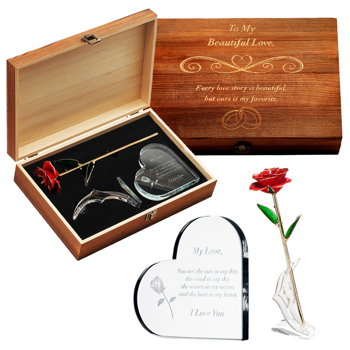 Anniversary, Birthday & Everyday 24K Gold Rose Love Box for Wife, Her, Women - Engraved Wooden Set 'To My Beautiful Love' Inscription, Includes Crystal Heart - For Birthday 1st Anniversaries-0