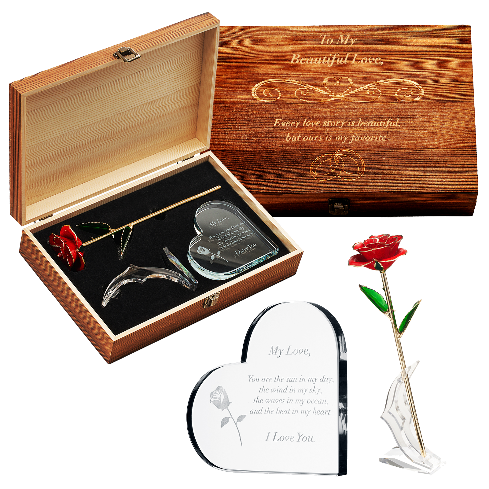 Anniversary, Birthday & Everyday 24K Gold Rose Love Box for Wife, Her, Women - Engraved Wooden Set 'To My Beautiful Love' Inscription, Includes Crystal Heart - For Birthday 1st Anniversaries-0
