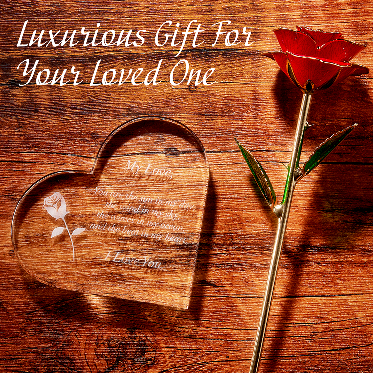 Anniversary, Birthday & Everyday 24K Gold Rose Love Box for Wife, Her, Women - Engraved Wooden Set 'To My Beautiful Love' Inscription, Includes Crystal Heart - For Birthday 1st Anniversaries-3