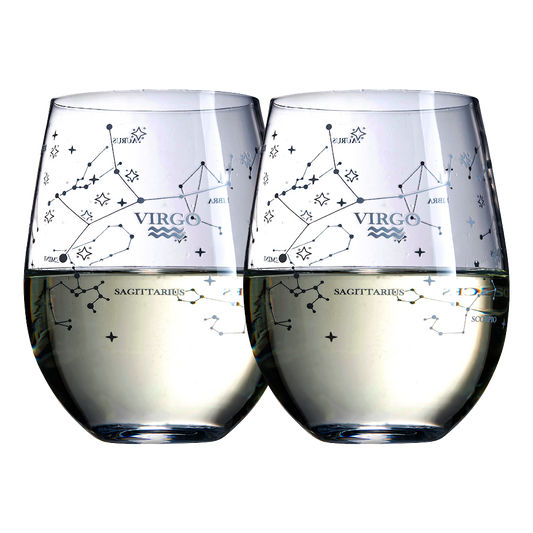 Set of 2 Zodiac Sign Wine Glasses with 2 Wooden Coasters by The Wine Savant - Astrology Drinking Glass Set with Etched Constellation Tumblers for Juice, Water Home Bar Horoscope Gifts 18oz (Virgo)-0