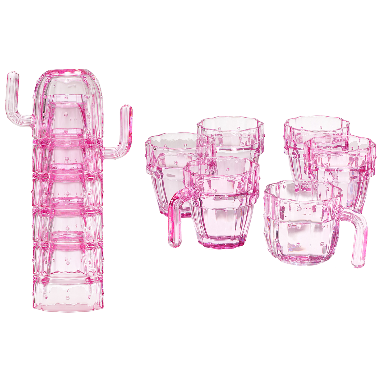 Cactus Stackable Glasses, Stacktus Gifts, Set of 6-10 oz Cactus Shape Glasses With Handles Pink Glass Blown Figurines Plant Decorations for Parties 3.5" H 5" W - Copyright Design, Patent Pending-0