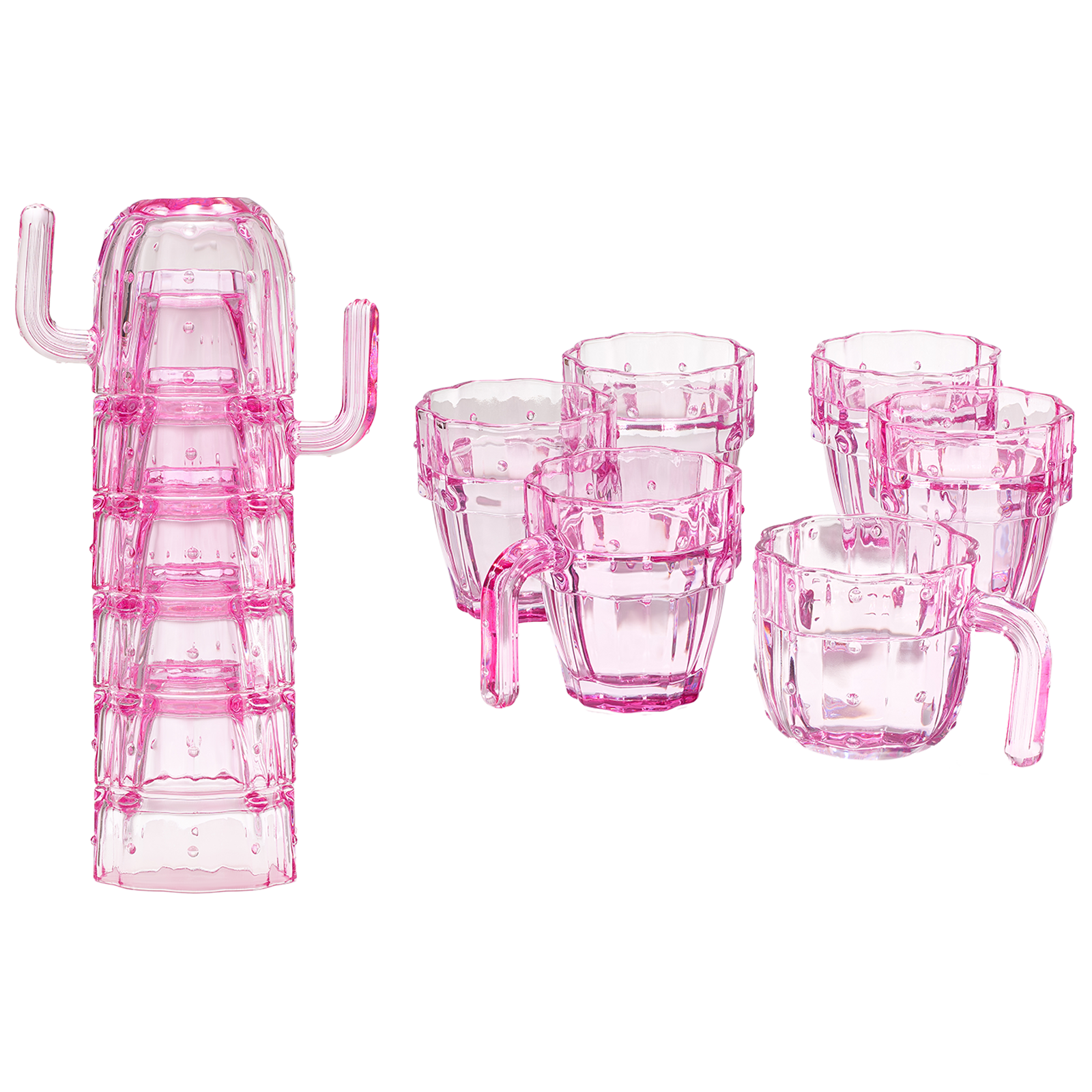 Cactus Stackable Glasses, Stacktus Gifts, Set of 6-10 oz Cactus Shape Glasses With Handles Pink Glass Blown Figurines Plant Decorations for Parties 3.5" H 5" W - Copyright Design, Patent Pending-0