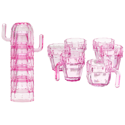Cactus Stackable Glasses, Stacktus Gifts, Set of 6-10 oz Cactus Shape Glasses With Handles Pink Glass Blown Figurines Plant Decorations for Parties 3.5" H 5" W - Copyright Design, Patent Pending-0